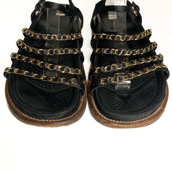 Chanel Interlocking CC Satin Chain Flat Dad Sandals EU 38.5 US 7.5-8 Black Gold - Picture 3 of 12